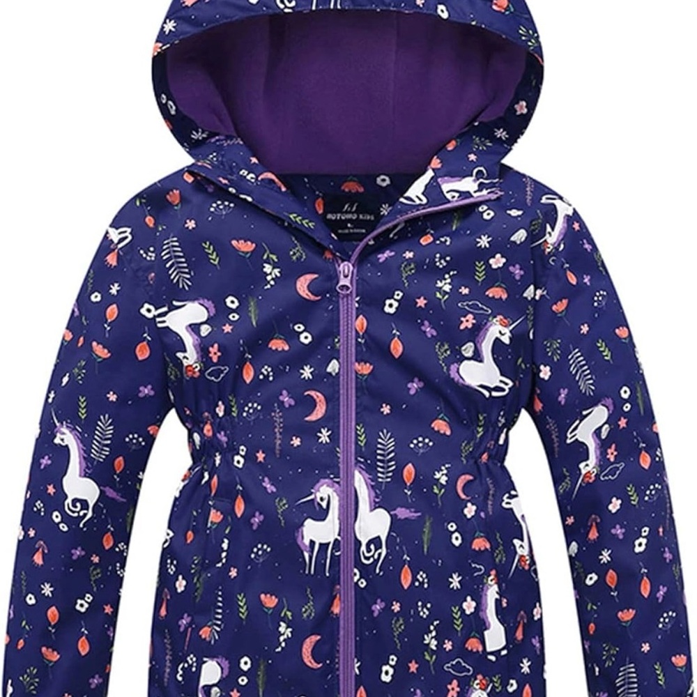 Girls' Navy Unicorn Hooded Rain Jacket
